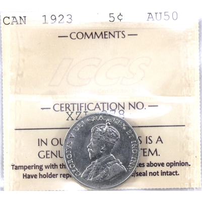 1923 Canada 5-cents ICCS Certified AU-50