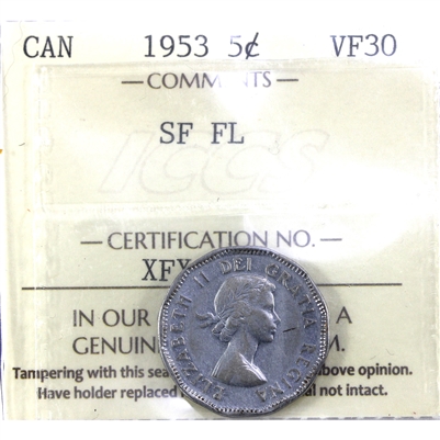 1953 SF FL Canada 5-cents ICCS Certified VF-30