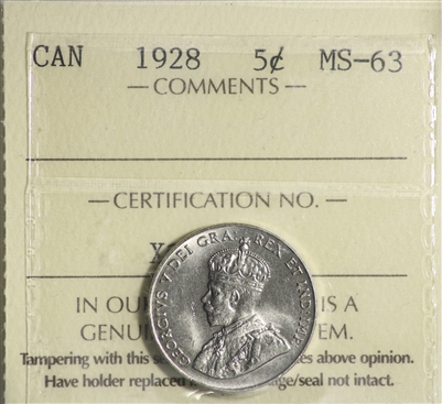 1928 Canada 5-cents ICCS Certified MS-63