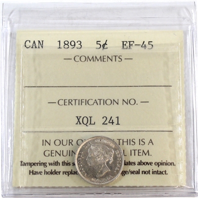 1893 Canada 5-cents ICCS Certified EF-45
