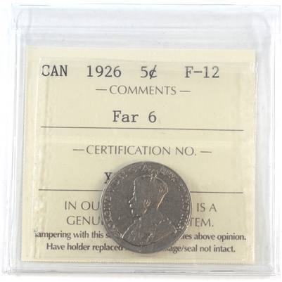 1926 Far 6 Canada 5-cents ICCS Certified F-12