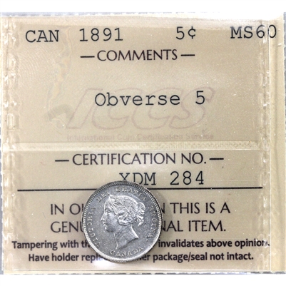 1891 Obverse 5 Canada 5-cents ICCS Certified MS-60 (XDM 284)