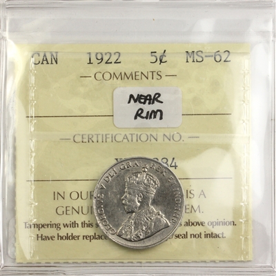 1922 Near Rim Canada 5-cents ICCS Certified MS-62 (XPM 284)