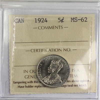 1924 Canada 5-cents ICCS Certified MS-62 (UZ 856)