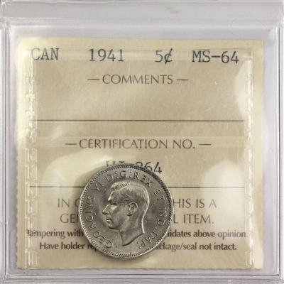 1941 Canada 5-cents ICCS Certified MS-64 (WJ 864)