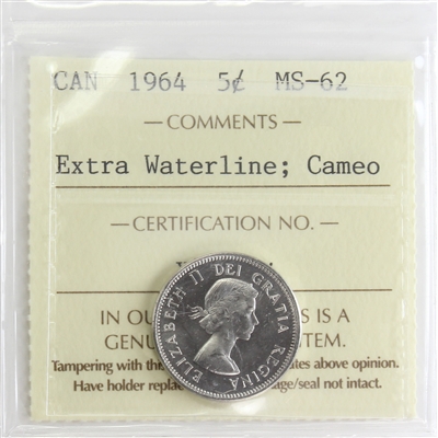 1964 Extra Waterline Canada 5-cents ICCS Certified MS-62 Cameo