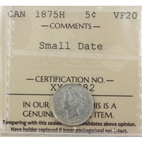 1875H Small Date Canada 5-cents ICCS Certified VF-20