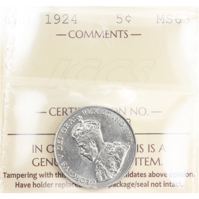 1924 Canada 5-cents ICCS Certified MS-63 (XYN 333)