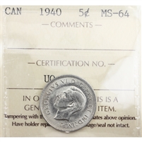 1940 Canada 5-cents ICCS Certified MS-64 (UO 253)