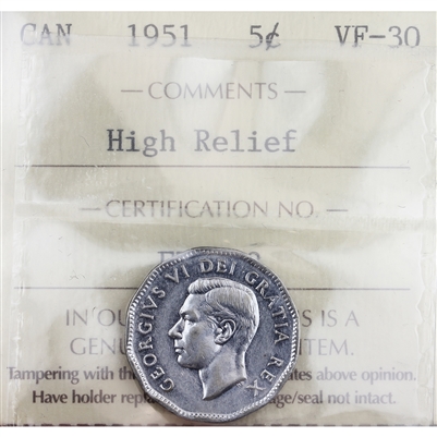 1951 High Relief Canada 5-cents ICCS Certified VF-30 (FT 263)