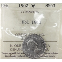 1962 Dbl 1962 Canada 5-cents ICCS Certified MS-63