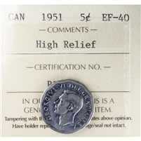 1951 High Relief Canada 5-cents ICCS Certified EF-40 (RQ 075)