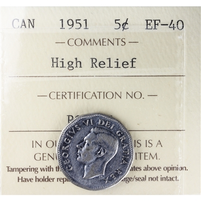 1951 High Relief Canada 5-cents ICCS Certified EF-40 (RQ 075)