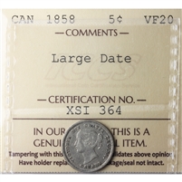 1858 Large Date 5-cents ICCS Certified VF-20