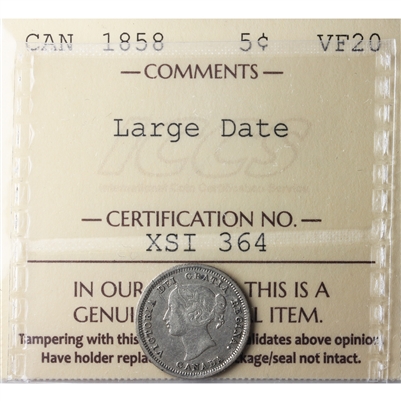 1858 Large Date 5-cents ICCS Certified VF-20