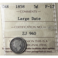 1858 Large Date 5-cents ICCS Certified F-12