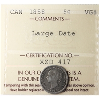 1858 Large Date 5-cents ICCS Certified VG-8