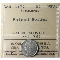 1870 Raised Border Canada 5-cents ICCS Certified VF-30