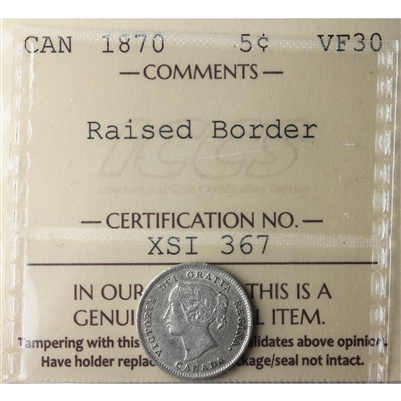 1870 Raised Border Canada 5-cents ICCS Certified VF-30