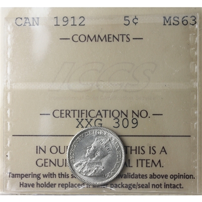 1912 Canada 5-cents ICCS Certified MS-63 (XXG 309)