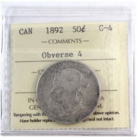 1892 Obv. 4 Canada 50-cents ICCS Certified G-4