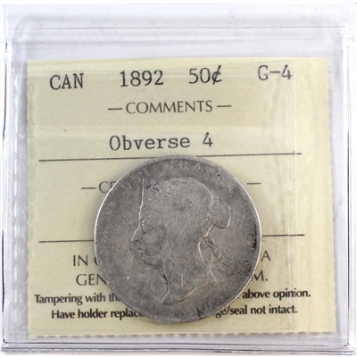 1892 Obv. 4 Canada 50-cents ICCS Certified G-4