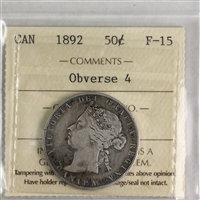 1892 Obv. 4 Canada 50-cents ICCS Certified F-15