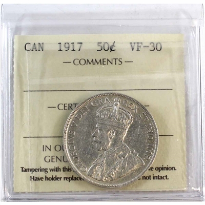 1917 Canada 50-cents ICCS Certified VF-30