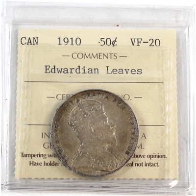 1910 Edwardian Leaves Canada 50-cents ICCS Certified VF-20