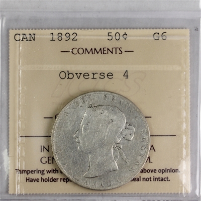 1892 Obv. 4 Canada 50-cents ICCS Certified G-6