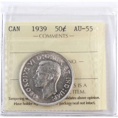 1939 Canada 50-cents ICCS Certified AU-55