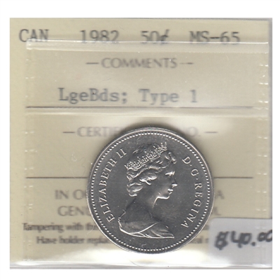 1982 Large Beads, Type 1 Canada 50-cents ICCS Certified MS-65