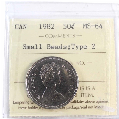 1982 Small Beads, Type 2 Canada 50-cents ICCS Certified MS-64