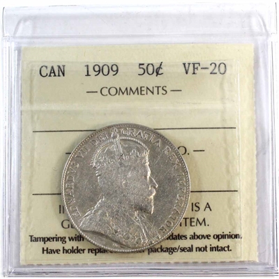 1909 Canada 50-cents ICCS Certified VF-20