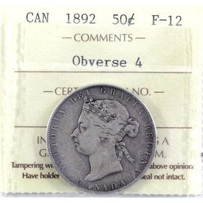 1892 Obv. 4 Canada 50-cents ICCS Certified F-12