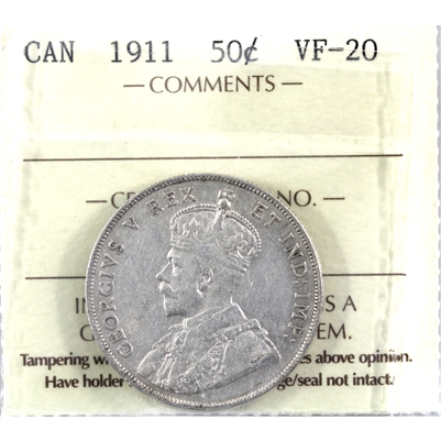 1911 Canada 50-cents ICCS Certified VF-20