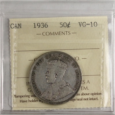 1936 Canada 50-cents ICCS Certified VG-10