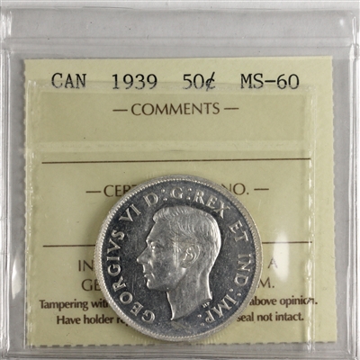 1939 Canada 50-cents ICCS Certified MS-60 (XLK 121)