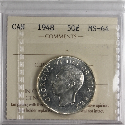 1948 Canada 50-cents ICCS Certified MS-64 (KL 298)