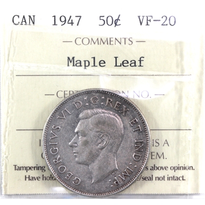 1947 Maple Leaf Canada 50-cents ICCS Certified VF-20