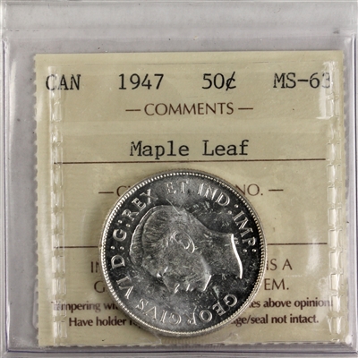 1947 Maple Leaf Canada 50-cents ICCS Certified MS-63