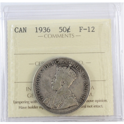 1936 Canada 50-cents ICCS Certified F-12