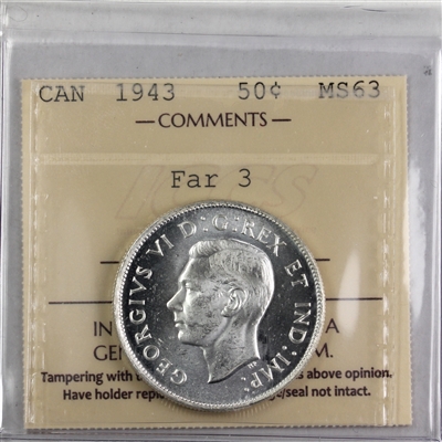 1943 Far 3 Canada 50-cents ICCS Certified MS-63