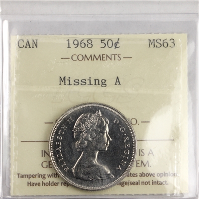 1968 Missing A Canada 50-cents ICCS Certified MS-63