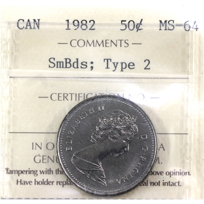 1982 Small Beads; Type 2 Canada 50-cents ICCS Certified MS-64