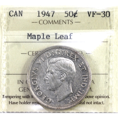 1947 Maple Leaf Canada 50-cents ICCS Certified VF-30