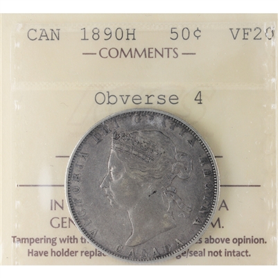 1890H Obv. 4 Canada 50-cents ICCS Certified VF-20 (XWM 197)