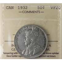 1932 Canada 50-cents ICCS Certified VF-20