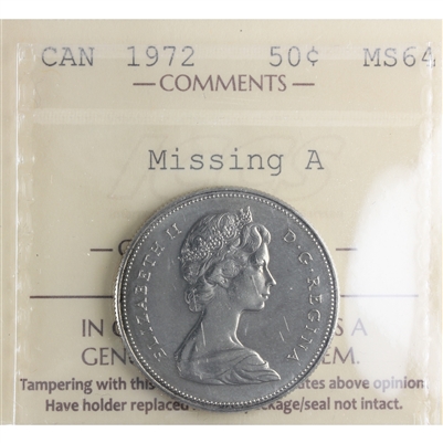 1972 Missing A Canada 50-cents ICCS Certified MS-64