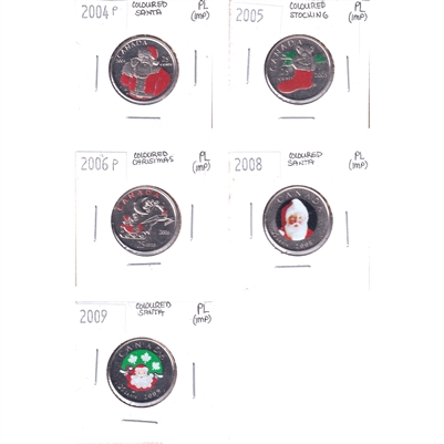 Lot of 5x 2004-2009 Canada Coloured Christmas 25-cents Proof Like, 5Pcs (Impaired)